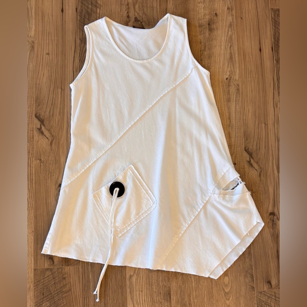 Pegasus Lagenlook White Asymmetrical Hanky Hem Top Boho Hippie M/L